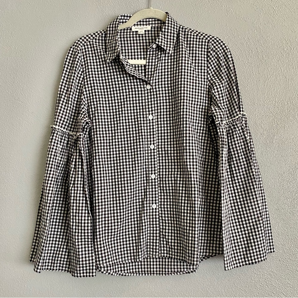 Beachlunchlounge Gingham Plaid Top Size Small Black White Bell Sleeves Button Up